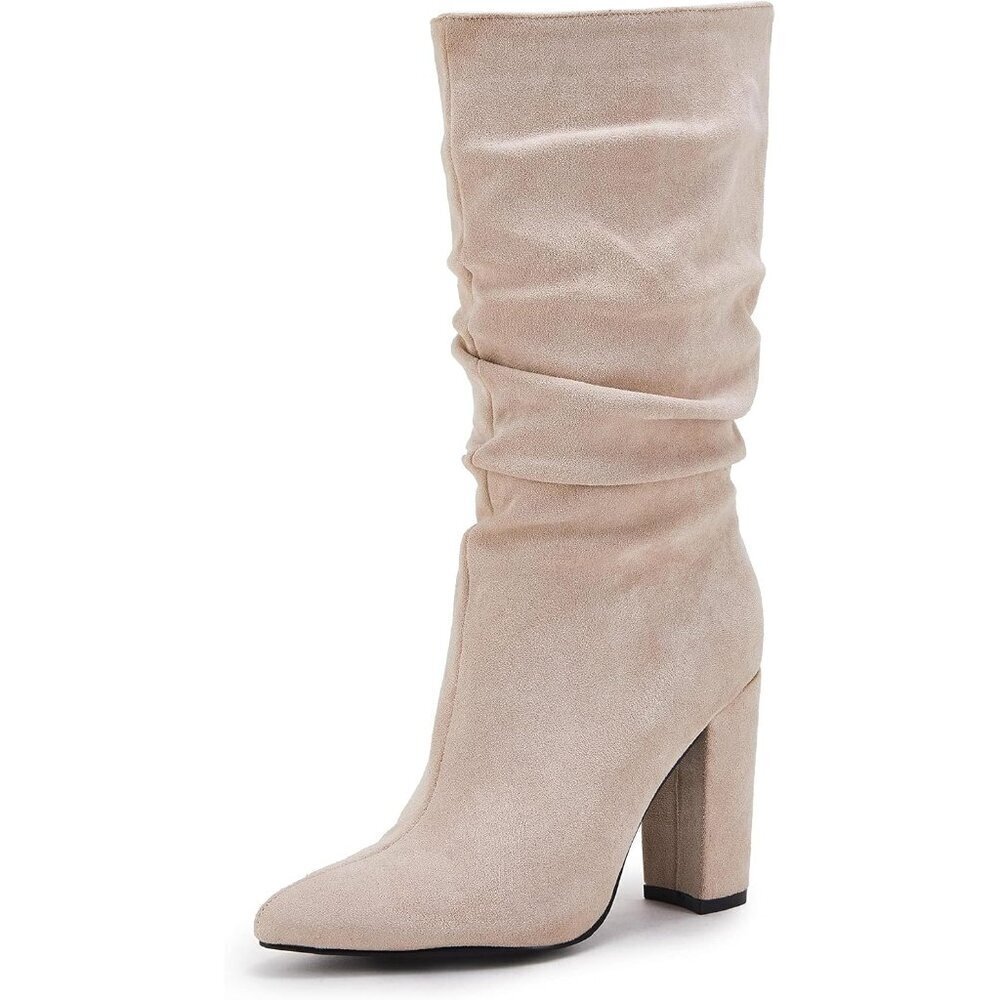 Women's Nude Suede Mid Calf High Slouchy Chunky Heel Block Pointed Toe Boots